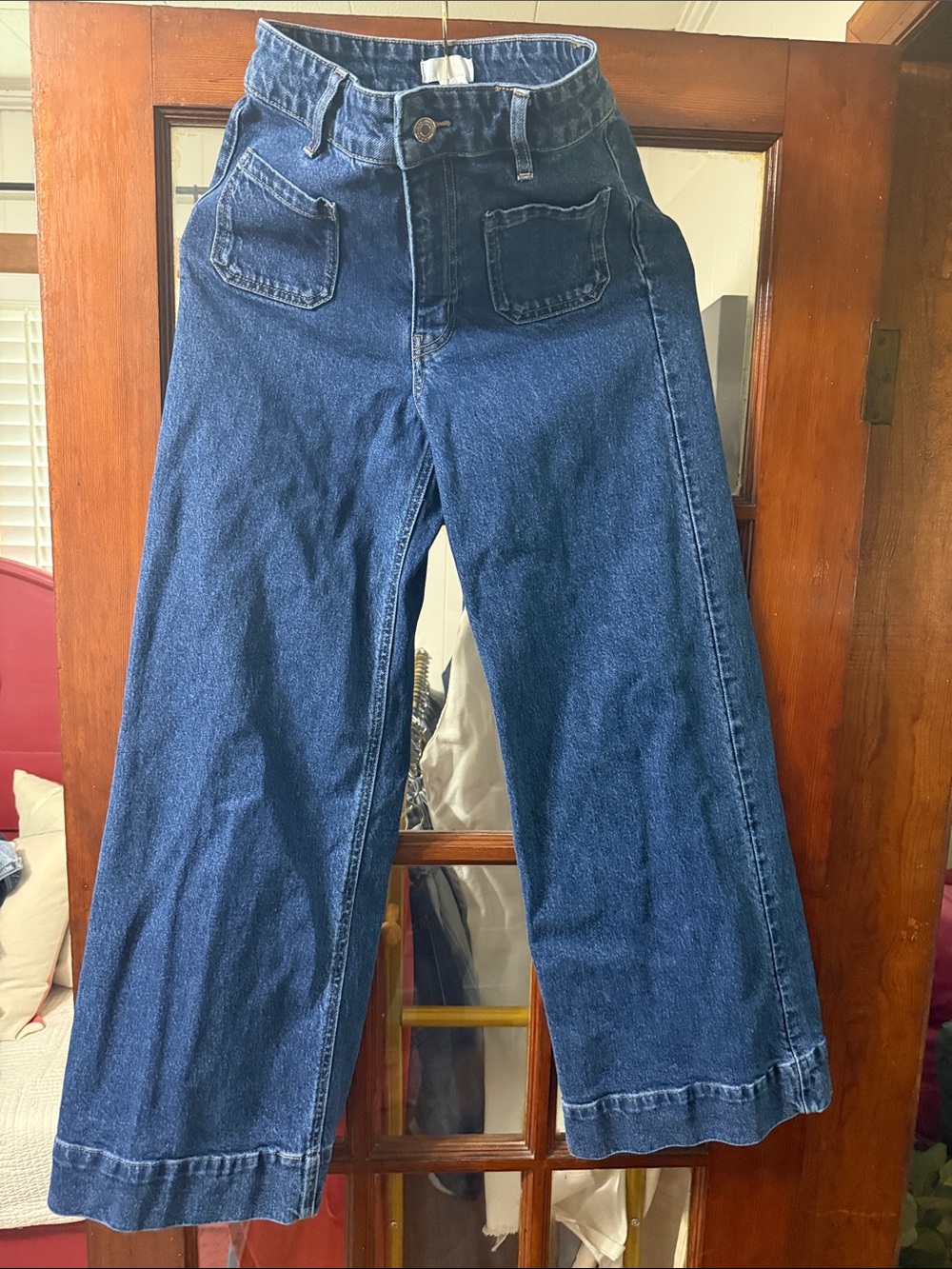 H&M Wide Leg Blue Jeans with Front Patch Pockets